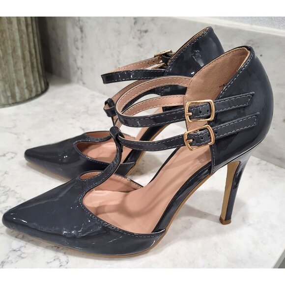 Journee Gray T-Strap Pumps with Double Buckle Closure & Pointed Toe Size 7 - Picture 4 of 11